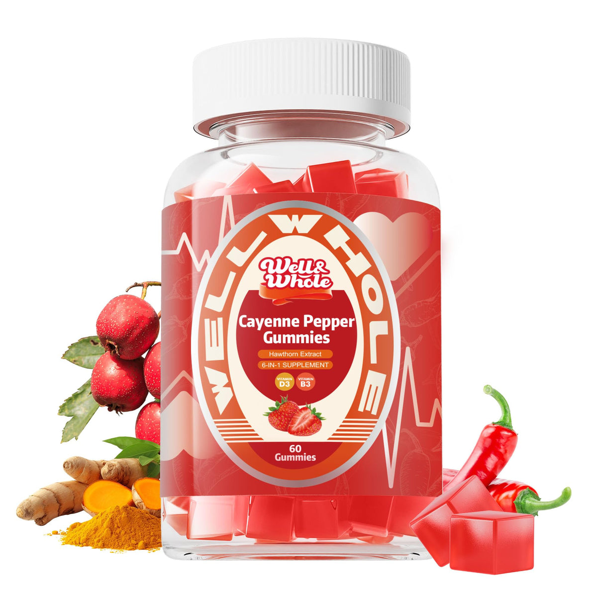 WellWholePlus cayenne pepper gummies jar with hawthorn and CoQ10 blend