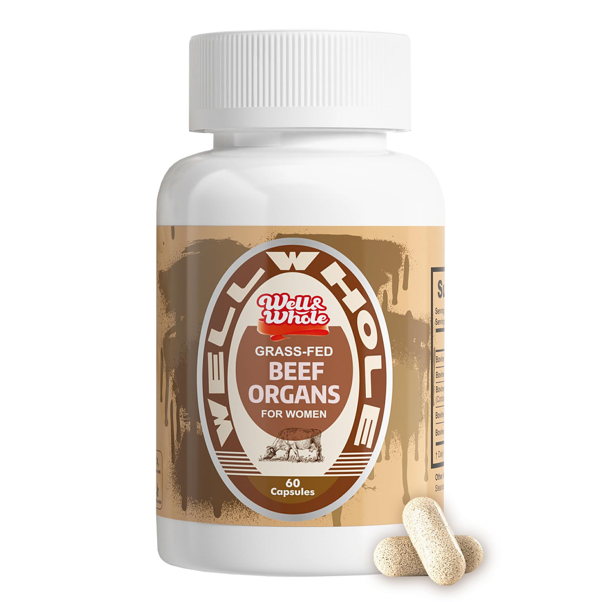 WellWholePlus grassfed beef organ capsules bottle, pasture raised
